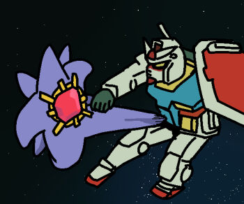 colored_skin creature full_body gem gen_1_pokemon gundam holding holding_shield jazz_jack long_legs mecha mega_pokemon mega_starmie mobile_suit mobile_suit_gundam nintendo no_eyes no_humans parody pokemon pokemon_(creature) purple_skin red_gemstone robot rx-78-2_gundam scene_reference science_fiction shield space star_(sky) starfish starmie v-fin yellow_eyes