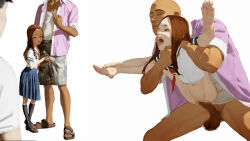 1girl 2boys age_difference aged_down animated barefoot black_socks bottomless bouncing_hair bouncing_testicles brown_hair camouflage camouflage_shorts censored contrapposto crotch_grab dark-skinned_male dark_skin diathorn hands_on_own_feet hetero hybrid_animation karakai_jouzu_no_takagi-san leaning_on_person legs_up loli middle_finger mosaic_censoring multiple_boys multiple_views navel netorare nishikata nose open_clothes open_mouth open_shirt pink_shirt realistic reverse_suspended_congress sandals school_uniform serafuku sex sex_from_behind shirt shorts simple_background sleeves_rolled_up socks standing standing_sex takagi-san testicles tongue tongue_out ugoira vaginal video white_background white_shirt