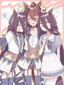3girls ^_^ agnes_tachyon_(umamusume) ahoge animal_ears black_hair blue_thighhighs blush blush_stickers brown_hair choker clone closed_eyes collared_shirt cropped_jacket earrings facing_viewer garter_straps hair_between_eyes hand_on_another&#039;s_hip hand_on_another&#039;s_waist hand_up highres horse_ears horse_girl horse_tail jacket jewelry long_sleeves looking_at_another looking_at_viewer looking_down manhattan_cafe_(umamusume) multicolored_hair multiple_girls navel nochatea official_alternate_costume overskirt pleated_skirt puffy_short_sleeves puffy_sleeves red_shorts school_uniform shirt short_sleeves shorts single_earring skirt skirt_hold speech_bubble standing starting_future_(umamusume) streaked_hair sweatdrop tail thighhighs thought_bubble tracen_school_uniform translation_request umamusume vest white_jacket white_shirt white_skirt white_thighhighs wristband yellow_eyes yuri