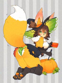 1girl :o ahoge animal_ears animal_nose ass bare_back bare_shoulders black_dress black_fur black_hat blush body_fur bow breasts brown_bow brown_hair claws commentary_request cup dress fox_ears fox_tail furry furry_female green_hair green_panties hair_between_eyes hair_flaps halloween hat highres holding holding_cup holding_spoon large_ears leaf looking_at_viewer looking_back medium_breasts medium_hair motion_lines multicolored_fur orange_bow original panties pawpads pumpkin short_dress simple_background spoon stirring striped_background surprised tail thick_thighs thighs toconikky torn_clothes two-tone_bow underwear white_fur witch witch_hat yellow_fur