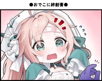 1boy 1girl ahoge azur_lane bandaid bandaid_on_face bandaid_on_forehead breasts cleavage commander_(azur_lane) commentary_request flying_sweatdrops green_eyes hands_up hat medium_breasts notice_lines nurse_cap official_art open_mouth parted_bangs pink_hair satogo sleeves_past_fingers sleeves_past_wrists translation_request ugolino_vivaldi_(azur_lane)