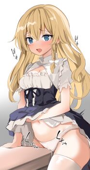 1girl alternate_eye_color blonde_hair blue_eyes blush braid breasts cleavage collarbone commentary_request crotch_rub cum eyelashes female_masturbation furrowed_brow gradient_background hair_ribbon highres kamukamu_(ars) kirisame_marisa long_hair masturbation midriff missing_headwear navel nose_blush open_mouth pussy_juice pussy_juice_drip_through_clothes ribbon short_sleeves simple_background single_braid small_breasts solo standing stomach sweatdrop table table_humping thighhighs thighs tongue touhou tress_ribbon underbust white_background white_ribbon white_thighhighs wooden_table