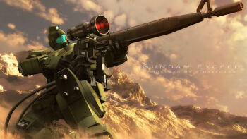 3d aiming beam_rifle cable cloud commentary_request dusk dust_cloud earth_federation energy_gun english_text engrish_text gm_sniper gun gundam gundam_08th_ms_team highres huge_weapon kneeling machinery mecha mecha_focus mobile_suit mountain no_humans oversized_object ranguage realistic rifle robot s.hasegawa science_fiction scope signature sniper_rifle weapon