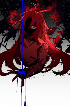 1boy antenna_hair chinese_commentary commentary_request eyes_in_shadow fire_(shengchigerenwohenbaoqian) glitch hatsutori_hajime highres horror_(theme) leaf liquid long_hair male_focus parted_bangs red_eyes red_hair red_shirt saibou_shinkyoku shirt solo