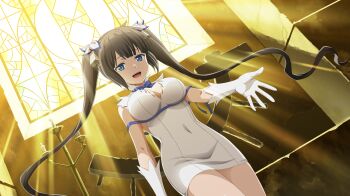 1girl :d anime_coloring bell black_hair blue_bow blue_bowtie blue_eyes blue_ribbon blunt_bangs bow bowtie breasts candlestand cleavage_cutout clothing_cutout covered_navel danmachi_battle_chronicle dress dungeon_ni_deai_wo_motomeru_no_wa_machigatteiru_darou_ka game_cg gloves hair_bell hair_ornament hair_ribbon hestia_(danmachi) highres indoors large_breasts long_hair looking_at_viewer non-web_source offering_hand official_art open_mouth pencil_dress reaching reaching_towards_viewer rei_no_himo ribbon short_dress sleeveless sleeveless_dress smile solo stained_glass tight_clothes tight_dress twintails white_dress white_gloves