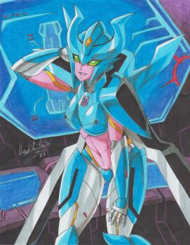 1girl absurdres breasts colored_skin crotch_plate decepticon green_eyes helmet highres horns humanoid_robot insignia medium_breasts metal_skin navi-ko_(transformers) pink_skin ravernclouk_design robot robot_girl solo transformers