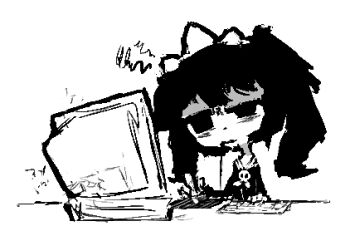 1girl ashley_(warioware) bags_under_eyes brooch closed_mouth commentary computer computer_keyboard dot_nose drawing_(action) drawing_tablet drooling english_commentary greyscale half-closed_eye holding holding_stylus inawon jewelry long_hair looking_at_screen lowres monochrome neckerchief nintendo pizza_box_computer scribble simple_background skull_brooch sleepy solo stylus twintails upper_body warioware white_background