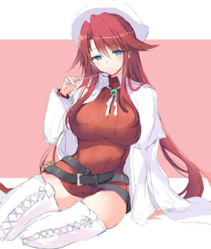 1girl artist_request aty_(summon_night) belt blue_eyes blue_pupils boots breasts coat hat holding holding_stick lace-up_boots large_breasts long_hair looking_at_viewer red_background red_hair red_sweater simple_background sitting solo stick summon_night summon_night_3 sweater thigh_boots white_background white_boots white_coat white_hat