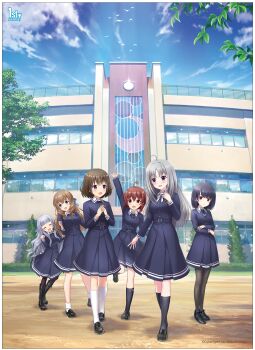 1girl 5girls 6+girls :d absurdres ahoge alternative_girls angel arimura_shion arm_up asahina_nono black_dress black_footwear black_hair black_neckwear black_socks blue_bow blue_sky blush boots bow braid breasts brown_eyes brown_hair choker cleavage cleavage_cutout closed_eyes clothing_cutout cloud crossed_arms day detached_sleeves dress earrings feathered_wings feathers fishnet_kneehighs fishnets full_body full_moon green_eyes hair_between_eyes hair_bow head_tilt heart heart_earrings highres hiiragi_tsumugi jewelry kira_sayuri knee_boots kneehighs leg_up long_hair looking_at_viewer looking_back medium_breasts moon multiple_girls necktie night onitsuka_chiho open_mouth outdoors outstretched_arms own_hands_clasped own_hands_together pantyhose pink_bow pink_hair red_eyes school short_dress short_hair silver_hair single_braid sky sleeveless sleeveless_dress smile socks standing star_(sky) starry_sky striped_clothes striped_pantyhose striped_socks striped_thighhighs thigh_strap thighhighs twintails vertical-striped_clothes vertical-striped_socks walking white_dress white_feathers white_footwear white_socks white_wings wings yuuki_miyaka