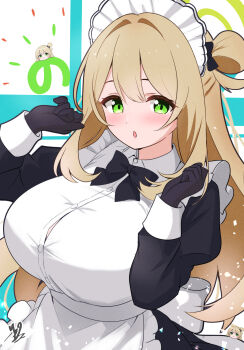 Rule 34 | 1girl, :o, absurdres, alternate costume, apron, black bow, black bowtie, black dress, black gloves, blonde hair, blue archive, bow, bowtie, breasts, commentary request, dress, enmaided, frilled apron, frills, gloves, green eyes, green halo, hair bun, halo, hands up, highres, huge breasts, light blush, long hair, long sleeves, looking at viewer, maid, maid apron, maid headdress, nonomi (blue archive), open mouth, rikki (ganba rikki), single side bun, solo, upper body, white apron