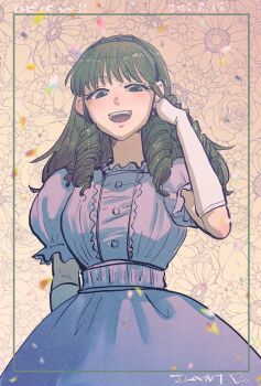 1girl :d anrietta_rochefort arc_the_lad arc_the_lad_iii brown_hair commentary_request curly_hair dress elbow_gloves floral_background gloves highres long_hair looking_at_viewer open_mouth purple_dress sannosuke smile solo