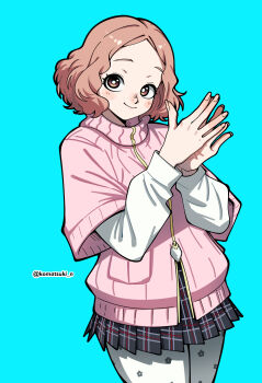 1girl absurdres artist_name black_skirt blue_background bright_pupils brown_eyes brown_hair closed_mouth commentary highres komatsuki_n layered_sleeves long_sleeves looking_at_viewer okumura_haru own_hands_together persona persona_5 plaid_clothes plaid_skirt pleated_skirt school_uniform short_hair short_over_long_sleeves short_sleeves shuujin_academy_school_uniform simple_background skirt smile solo twitter_username white_pupils