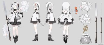 1girl absurdres animal_ears beret black_shoes commentary detached_sleeves dress english_commentary eruu_claymie fish full_body green_eyes grey_background hat highres holding holding_weapon izigenia ji_mag_(artist) long_sleeves looking_at_viewer multiple_views official_art otter_ears otter_girl otter_tail puffy_dress puffy_long_sleeves puffy_sleeves reference_sheet second-party_source see-through_clothes see-through_sleeves shoes standing tail turnaround virtual_youtuber weapon white_dress white_hat