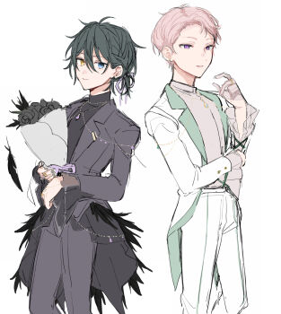 2boys absurdres black_coat black_hair black_pants black_shirt blue_eyes coat ensemble_stars! heterochromia highres itsuki_shu jacket kagehira_mika looking_at_viewer male_focus multiple_boys pants pink_hair purple_eyes shirt short_bangs short_hair sketch sushi_171 turtleneck white_background white_jacket white_pants white_shirt yellow_eyes