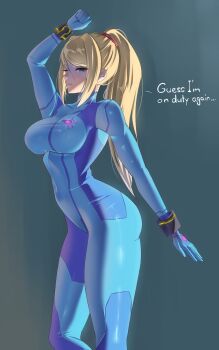 1girl absurdres arm_up blonde_hair blue_bodysuit bodysuit breasts commentary english_commentary english_text from_side grey_background high_ponytail highres long_hair metroid metroid_prime_4:_beyond nintendo ponytail samus_aran sidelocks simple_background skin_tight solo succducc888 zero_suit