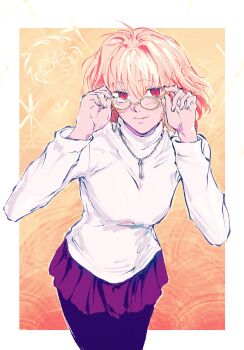 1boy 1girl absurdres adjusting_eyewear ahoge arcueid_brunestud black_pantyhose blonde_hair blush breasts closed_eyes eyewear_strap glasses highres jewelry jjnasu leaning_forward miniskirt necklace pantyhose purple_skirt red_eyes short_hair skirt smile sparkle sweater tohno_shiki tsukihime tsukihime_(remake) turtleneck turtleneck_sweater white_sweater