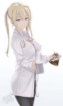 10s 1girl alternate_costume artist_name blonde_hair blue_eyes breasts coffee_pot cup dated dress_shirt female_focus graf_zeppelin_(kancolle) grey_eyes hair_between_eyes kantai_collection large_breasts light_smile looking_at_viewer panties panties_under_pantyhose pantyhose rokuwata_tomoe shirt solo twintails twitter_username underwear