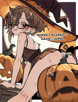 1girl asami-chan ass bent_over body_freckles breasts brown_eyes brown_hair convenient_censoring earrings english_text freckles hair_ornament hairclip halloween_costume hat highres jewelry looking_at_viewer looking_back necklace original pumpkin short_hair small_breasts smile solo tail thighs witch_hat