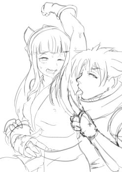 1boy 1girl ainu_clothes arm_behind_head arm_up armpits blush breasts covered_erect_nipples drawfag fingerless_gloves galford_d_weller gloves hair_ribbon highres japanese_clothes legs licking licking_armpit long_hair monochrome nakoruru nervous_smile ninja one_eye_closed pants pointy_hair ribbon samurai_spirits sitting sketch small_breasts smile snk source_request spread_armpit sweat teeth thighs tongue very_long_hair