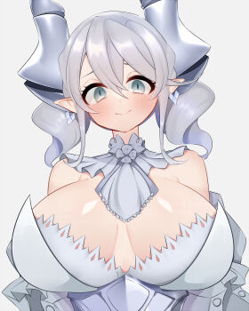 1girl bare_shoulders blush breasts cleavage demon_horns detached_sleeves dress duel_monster earrings furaggu grey_eyes grey_hair highres horns jewelry large_breasts looking_at_viewer lovely_labrynth_of_the_silver_castle pointy_ears short_hair smile white_dress yu-gi-oh!