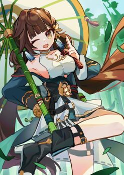 1girl absurdres bamboo black_boots boots breasts brown_eyes brown_hair collarbone commentary day dress foot_out_of_frame forest hair_ornament high_heel_boots high_heels highres holding holding_umbrella honkai_(series) honkai_impact_3rd large_breasts li_sushang li_sushang_(peregrine_sword) long_hair long_sleeves looking_at_viewer mogu_kinoko nature one_eye_closed open_mouth outdoors red_pupils sideboob smile solo standing standing_on_one_leg symbol-only_commentary umbrella very_long_hair white_dress