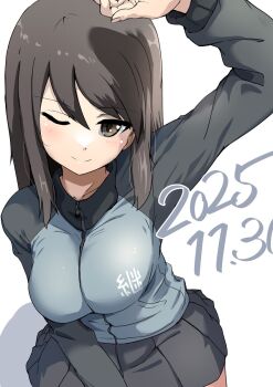 Rule 34 | 1girl, blush, breasts, brown eyes, brown hair, buchikaki, closed mouth, collarbone, commentary request, dated, girls und panzer, highres, jacket, keizoku military uniform, large breasts, long hair, looking at viewer, mika (girls und panzer), military uniform, one eye closed, simple background, smile, solo, track jacket, white background