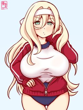 1girl artist_logo blonde_hair blue_background blue_buruma breasts buruma commentary_request dated gluteal_fold green_eyes gym_shirt gym_uniform hair_between_eyes kanon_(kurogane_knights) kantai_collection large_breasts logo long_hair mole mole_under_eye mole_under_mouth one-hour_drawing_challenge partially_open_jacket richelieu_(kancolle) shirt solo t-shirt thigh_gap white_shirt