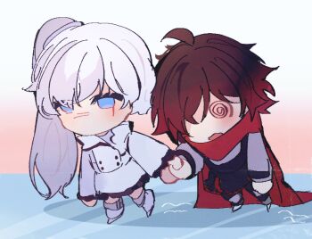 2girls @_@ akane031 black_hair blush cape chibi dizzy holding_hands ice_skates ice_skating multiple_girls one_eye_closed ponytail red_cape red_hair ruby_rose rwby scar scar_across_eye scar_on_face short_hair skates skating weiss_schnee white_hair yuri