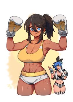 >:) 2girls arms_up bare_shoulders black_hair blue_eyes boxing_gloves breasts cleavage closed_mouth collarbone commentary cropped_legs dark-skinned_female dark_skin dif_(difman) difman english_commentary fingerless_gloves gloves grey_gloves hair_between_eyes highres looking_at_viewer medium_breasts multiple_girls original ponytail short_shorts shorts smile solo_focus striped_clothes striped_thighhighs thighhighs v-shaped_eyebrows vertical-striped_clothes vertical-striped_thighhighs white_background white_shorts