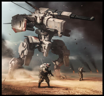 2boys assault_rifle battle burning daryl_mandryk dust gun mecha military military_uniform multiple_boys original rifle robot science_fiction smoke walker_(robot) weapon