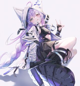 animal_ears black_gloves black_skirt breasts commentary egen_tee fingerless_gloves fox_ears fox_girl gloves green_eyes grey_background hair_between_eyes highres hood hoodie jacket long_hair looking_at_viewer orange_eyes purple_hair simple_background skirt small_breasts stellive symbol-only_commentary tenko_shibuki thighs white_hoodie white_jacket