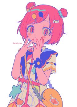 Rule 34 | 1girl, bag, balloon hair ornament, blue flower, blush, candy hair ornament, closed mouth, commentary, double bun, dress, film grain, fingernails, flower, food-themed hair ornament, hair bun, hair ornament, halftone, hands on own cheeks, hands on own face, hands up, heart, highres, looking at viewer, menma (enaic31), ootori emu, orange bag, pink eyes, pink hair, project sekai, short hair, short sleeves, shoulder bag, simple background, solo, star (symbol), swept bangs, symbol-only commentary, twitter username, upper body, white background, white dress
