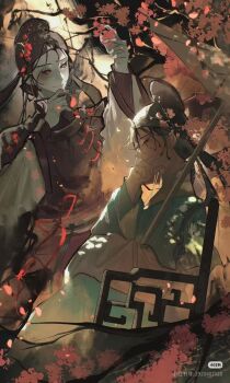 2boys aqua_hanfu aqua_robe armchair black_eyes black_hair black_hanfu black_hat black_robe black_sclera branch calligraphy_brush chair cherry_blossoms chinese_clothes chinese_commentary closed_mouth colored_sclera colored_skin dappled_sunlight falling_petals fan_wujiu fan_wujiu_(blushing_scholars) feet_out_of_frame flower from_side grey_skin hair_flower hair_ornament half-closed_eyes hand_on_own_chin hand_up hanfu hat highres holding holding_calligraphy_brush holding_flower holding_paintbrush holding_umbrella identity_v jin_(headwear) layered_sleeves long_hair long_sleeves looking_at_another looking_at_viewer low_twintails male_focus matching_outfits multiple_boys official_alternate_costume oil-paper_umbrella paintbrush petals pink_flower plum_blossoms profile red_eyes red_flower red_ribbon ribbon robe shiwu_ye_ying short_over_long_sleeves short_sleeves sidelighting sitting smile standing sunlight tang_jin_(headwear) twintails umbrella white_umbrella xie_bi&#039;an xie_bi&#039;an_(blushing_scholars) yuanlingpao