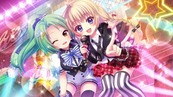 2girls :d ahoge arm_around_shoulder barrel bent_over black_bow black_jacket black_necktie black_thighhighs blue_eyes bow braid breasts brick_wall cosplay costume_switch crate dot_nose film_grain forehead from_below game_cg graffiti green_hair hair_bow hair_ornament high_ponytail holding holding_microphone index_finger_raised itsumura_haruka izumi_tsubasu jacket large_breasts lens_flare light_brown_hair looking_at_viewer microphone multiple_girls necktie neon_lights non-web_source official_art one_eye_closed open_mouth plaid_clothes plaid_skirt ponytail re:stage! red_skirt screen shirokita_kuroha shirt skirt smile sparkle stage_lights star_(symbol) striped_bow striped_clothes striped_thighhighs thighhighs vertical-striped_clothes vertical-striped_thighhighs white_bow white_shirt white_thighhighs yellow_eyes