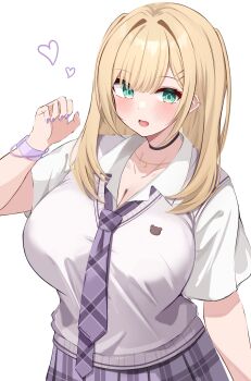 1girl absurdres black_choker blonde_hair blush breasts choker cleavage collarbone collared_shirt commentary ear_piercing fang fingernails green_eyes hair_ornament hairclip highres huge_breasts jewelry kurumi_noah kurumi_noah_(8th_costume) large_breasts long_hair looking_at_viewer makihara_(yosika_wawawa) nail_polish necklace necktie open_mouth piercing plaid_clothes plaid_necktie plaid_skirt purple_nails purple_necktie purple_skirt purple_wrist_cuffs shirt short_sleeves simple_background skin_fang skirt solo sweater_vest twitter_username virtual_youtuber vspo! white_background white_shirt wrist_cuffs yellow_sweater_vest