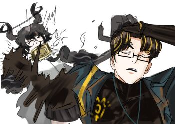 >_< 1boy 1girl black_gloves black_hair black_shirt black_skirt blonde_hair closed_eyes collar commentary demon_horns e.g.o_(project_moon) english_commentary gloves green_jacket hair_slicked_back horns jacket jujutsu_kaisen limbus_company multicolored_hair naoya_hitting_choso_without_looking_(meme) onjgo procuration_(e.g.o) project_moon rectangular_eyewear scene_reference shirt skirt smear_frame sora_(project_moon) tight_clothes tight_shirt two-tone_hair vespa_crabro white_background white_shirt