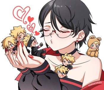 1girl 6+boys animal_costume back bare_shoulders bear_costume black_choker black_hair black_headband boruto:_naruto_next_generations boruto:_two_blue_vortex chibi choker closed_eyes derivative_work eyes_visible_through_hair forehead_protector glasses hair_over_one_eye headband holding_chibi kurekoreii multiple_boys multiple_persona naruto_(series) off_shoulder parody puckered_lips red_nails scar scar_across_eye scar_on_face short_hair signature sleeves_past_wrists sono_bisque_doll_wa_koi_wo_suru uchiha_sarada uchiha_symbol uzumaki_boruto