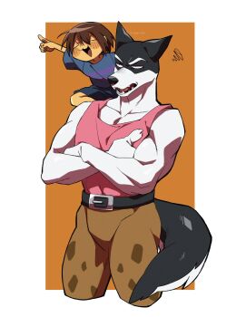 1boy 1other animal_ears annoyed blush brown_hair brown_pants claws commentary_request crossed_arms dog_boy dog_ears dog_tail doggo_(undertale) fangs frisk_(undertale) furry furry_male highres kageimo looking_ahead open_mouth pants pink_shirt pink_tank_top shirt sleeveless tail tank_top undertale utdr_(toby_fox)