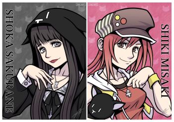 2girls animal_hood black_hair black_hoodie black_ribbon brown_eyes cat_hood character_name closed_mouth dress female_focus grey_eyes hat hime_cut hood hoodie jacket jewelry lipstick long_hair makeup misaki_shiki multiple_girls necklace newsboy_cap nyantan plaid_clothes plaid_dress ribbon sailor_dress sakurane_shoka shin_subarashiki_kono_sekai sleeveless sleeveless_jacket smile subarashiki_kono_sekai upper_body yellow_jacket