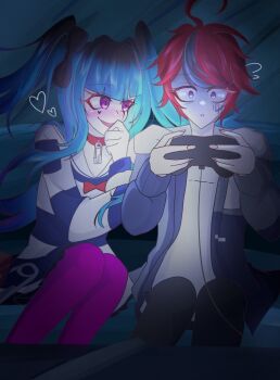 1boy 1girl amemiya_darumi black_bow black_hair black_pants black_skirt blue_eyes blue_hair blush bow collar controller game_controller grey_jacket heart highres hood hoodie jacket looking_at_another multicolored_hair pants pink_eyes pink_thighhighs pleated_skirt red_bow red_collar red_hair safety_pin shirt short_hair sitting skirt striped_clothes striped_shirt sumino_takumi the_hundred_line_-last_defense_academy- thighhighs twintails upper_body white_hoodie