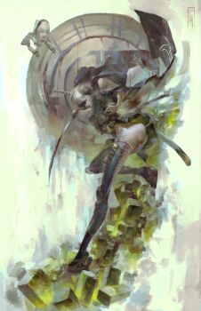 Rule 34 | 1girl, 2b (nier:automata), alternate costume, apollyon abyss, armor, ass, black dress, black hairband, black thighhighs, blindfold, blocks, blood, blood stain, breasts, cape, commentary, covered eyes, cube, dress, female focus, from below, hairband, highres, holding, holding behind back, holding sword, holding sword behind back, holding weapon, holding weapon behind back, japanese armor, japanese clothes, juliet sleeves, katana, kusazuri, long sleeves, medium breasts, nier:automata, nier (series), platform footwear, platform heels, pod (nier:automata), puffy sleeves, sheath, silver hair, solo, suneate, sword, thighhighs, upskirt, weapon, wide sleeves