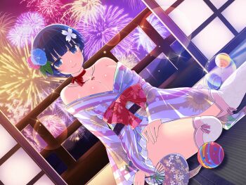 1girl aerial_fireworks architecture arm_support armpit_crease ball bare_shoulders blue_eyes blue_flower blue_hair blunt_bangs blush bow bowl_cut breasts choker cleavage east_asian_architecture fireworks floral_print floral_print_kimono flower game_asset hair_flower hair_ornament hand_fan japanese_clothes jewelry kimono large_breasts lattice leaf_hair_ornament looking_at_viewer low_neckline mountainous_horizon necklace night official_art paper_fan pendant pink_flower pink_trim print_kimono print_paper_fan railing red_ribbon ribbon ribbon_choker senran_kagura senran_kagura_new_link short_hair shouji sitting sliding_doors smile solo striped_clothes striped_kimono sunflower_print thighhighs waist_bow white_thighhighs wide_sleeves yokozuwari yozakura_(senran_kagura)