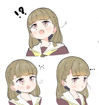 Rule 34 | !?, ..., 1girl, :o, :t, blush, braid, brown dress, brown hair, commentary request, cropped shoulders, dress, hasu no sora school uniform, highres, kachimachi kosuzu, link! like! love live!, love live!, multiple expressions, multiple views, neckerchief, open mouth, pink eyes, pout, sailor collar, sailor dress, school uniform, side ahoge, side braids, tazaki masanobu, virtual youtuber, white sailor collar, winter uniform, yellow neckerchief