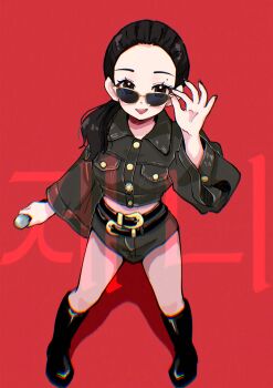 Rule 34 | 1girl, black boots, black nails, blackpink, blush, boots, brown eyes, chromatic aberration, cropped jacket, fingernails, from above, full body, highres, holding, holding microphone, jennie (blackpink), long fingernails, looking at viewer, microphone, mole, ponytail, red background, samarundao, shorts, simple background, smile, solo, sunglasses