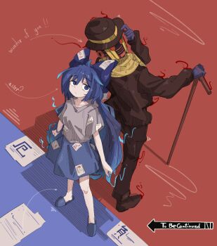 1boy 1girl back-to-back blue_eyes blue_hair blue_skirt bowler_hat cane clothed_robot fengzhong_yuntuan hat highres holding holding_cane humanoid_robot jojo_no_kimyou_na_bouken jojolion long_hair looking_at_viewer looking_up robot scarf skirt stand_(jojo) to_be_continued touhou wonder_of_u yellow_scarf yorigami_shion