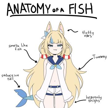1girl :3 anatomy_of_a_gamer_(meme) animal_ear_fluff animal_ears arrow_(symbol) blonde_hair blue_collar blue_eyes blue_hair cat_ears closed_mouth collar commentary cowboy_shot dress english_text fang fins fish_girl fish_tail flat_color frilled_shirt_collar frills hashtag-only_commentary highres indie_virtual_youtuber loli long_hair low_twintails meme multicolored_hair onlykonro sameko_saba short_shorts shorts simple_background sleeveless sleeveless_dress smile solo standing straight-on streaked_hair tail twintails very_long_hair virtual_youtuber white_background white_dress white_shorts