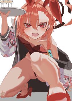 1girl ahoge animal_ear_hairband animal_ears bandaid bandaid_on_foot bandaid_on_knee bandaid_on_leg blue_archive blush braid champagne_flute crouching cup drinking_glass earrings fake_animal_ears fang flat_chest floral_print floral_print_jacket gluteal_fold hair_ornament hair_over_shoulder hair_tie hairband halo high_heels highres holding holding_tray huge_ahoge jacket jewelry kneeling leotard lips loli medium_hair mole mole_under_eye nekucham neru_(blue_archive) neru_(bunny)_(blue_archive) off-shoulder_jacket off_shoulder open_clothes open_jacket open_mouth orange_hair playboy_bunny rabbit_ear_hairband rabbit_ears red_eyes red_hairband red_leotard red_shoes shoes side_braid solo sukajan tray waiting white_background white_jacket