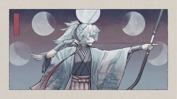 1girl archery arrow_(projectile) bow_(weapon) drawing_bow elixenevar fate/grand_order fate/samurai_remnant fate_(series) haori holding holding_arrow holding_bow_(weapon) holding_weapon japanese_clothes kimono long_hair moon_phases ponytail profile solo upper_body weapon yui_shousetsu_(fate) yui_shousetsu_(second_ascension)_(fate)