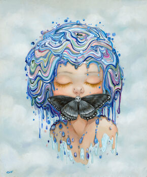 1girl bug camilla_d&#039;errico closed_eyes closed_mouth cloud cloudy_sky dripping eyelashes highres insect liquid_hair moth nose original sky solo surreal