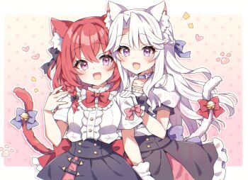 2girls :d animal_ear_fluff animal_ears back_bow behind_another bell black_bow black_bowtie black_corset black_overskirt blue_bow blue_choker border bow bowtie braid breasts buttons cat_ears cat_girl cat_tail center_frills choker collarbone commentary_request commission corset curtained_hair double-breasted fingernails frilled_bowtie frilled_skirt frills gloves gradient_background hair_between_eyes hair_bow half_up_braid hand_on_another's_shoulder hand_up heart hi_(pontolfo) highres jingle_bell layered_skirt long_hair long_sidelocks looking_at_viewer matching_outfits medium_breasts medium_hair miniskirt multiple_girls notice_lines open_mouth original paw_print pink_background pink_bow polka_dot polka_dot_background puffy_short_sleeves puffy_sleeves purple_eyes red_bow red_bowtie red_hair red_skirt shirt shirt_tucked_in short_sleeves side_braid sidelocks single_glove skeb_commission skirt sleeve_bow smile tail tail_bow tail_ornament upper_body watermark wavy_sidelocks white_border white_gloves white_hair white_shirt yellow_background